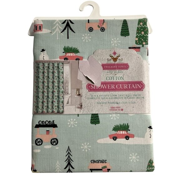 Twilight Town Christmas Fabric Shower Curtain Holiday Light Green Outdoor Snow - Picture 1 of 8